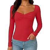 TiulZial Women's Long Sleeve Shirts Going Out Tops Basic Cute Pleated Sweetheart Neck Y2K Fall T Shirts