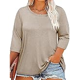 ZDC Women's Plus Size Tops 3/4 Sleeve Crew Neck T Shirts Loose Fit Tee Tunic Casual Blouse
