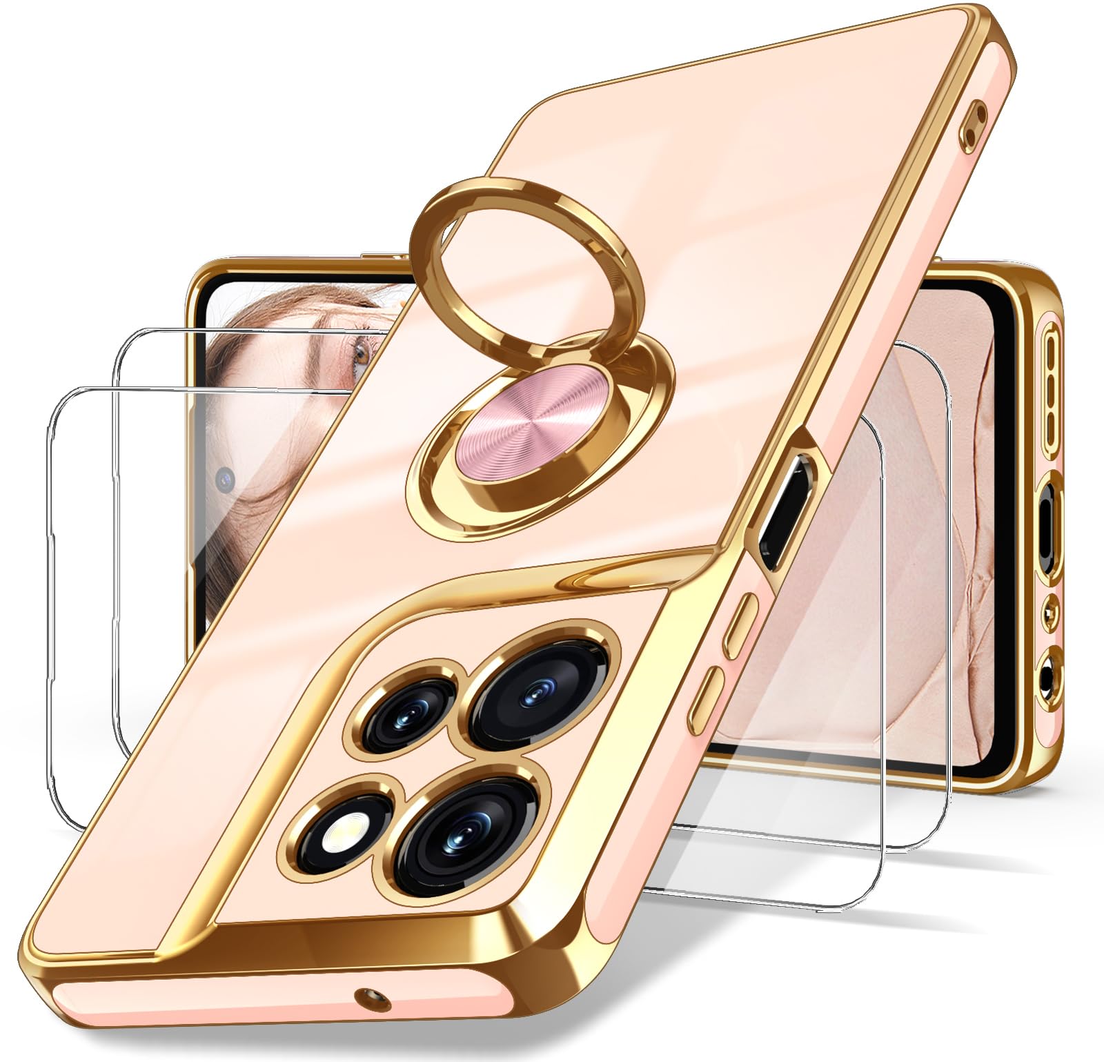 Dretal for Motorola G 5G 2025 Case, Moto G 5G 2025 Case,2X Screen Protector, 360° Rotatable Ring Holder Magnetic Kickstand,Plated Gold Edge Slim Soft TPU Protective Cover (Pink)
