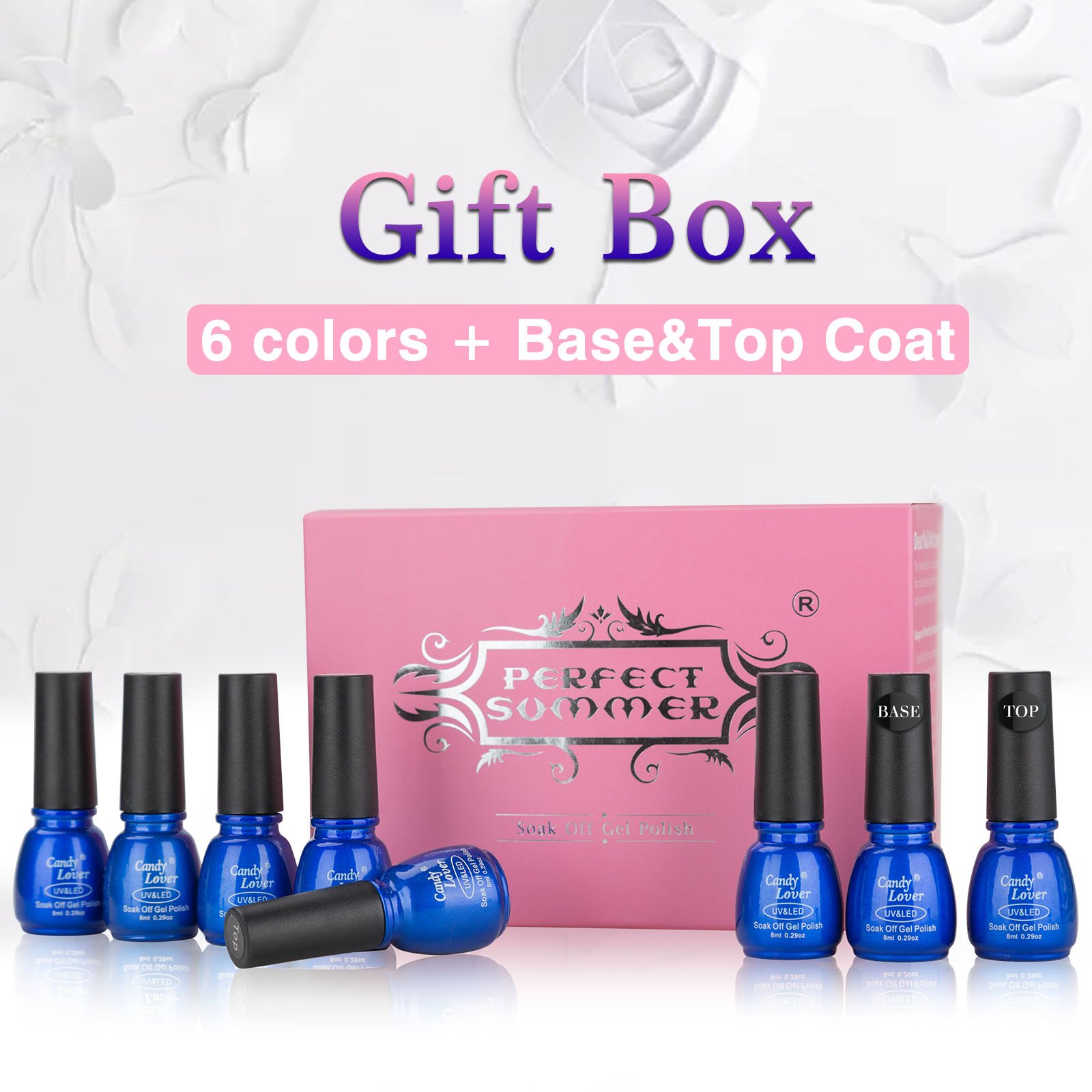 Professional Gel Polish UV LED - Soak Off Nail Lacquers Kit with Clear Base Coat and Top Coat for French Manicure Pedicure, Pack of 8, 8ml Each (Set #08)