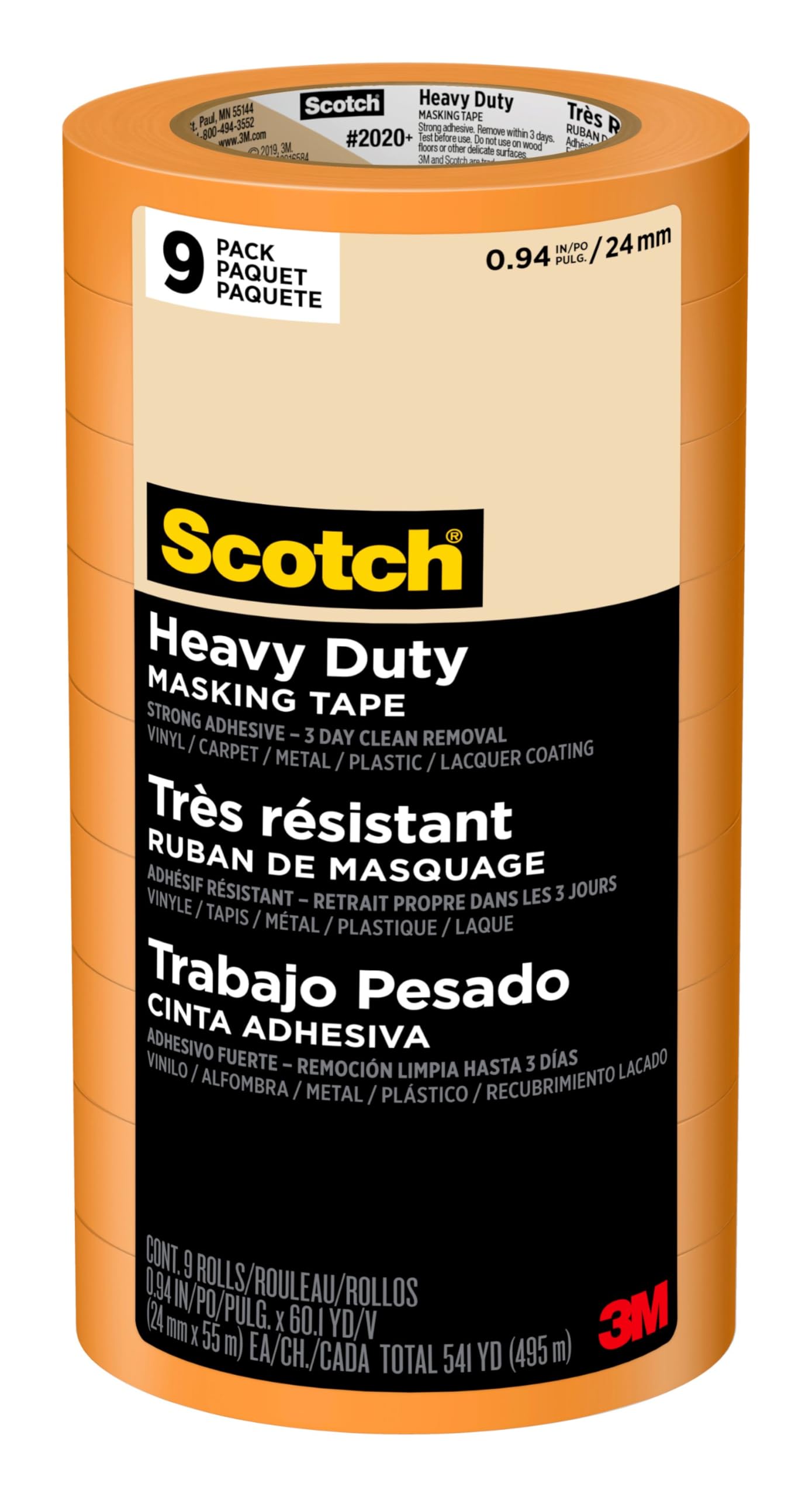 Scotch Heavy Duty Painter's Tape, 9 Rolls, 0.94 in x 60.1 yd, for Use On Vinyl, Carpet, Metal, & Plastic, Indoor & Outdoor Masking Tape, Bonds Aggressively, 3-Day Clean Removal (2020+-24AP9)