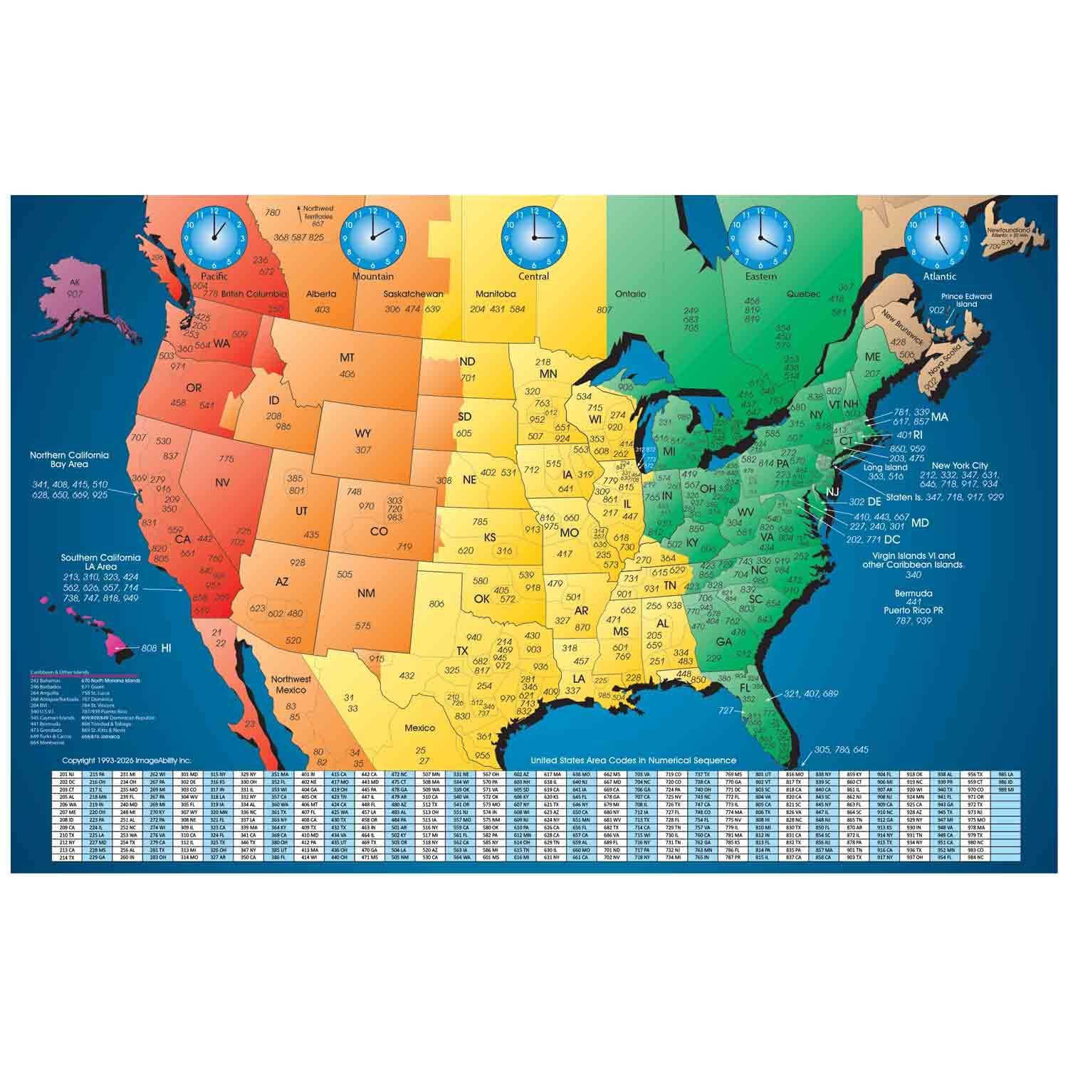 ImageAbility North America Laminated Gloss Time Zone Area Code Maps with Reverse Lookup, Set of 6 Desk Size 11 by 17 Inches
