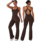 TDIFFUN Flare Workout Jumpsuits for Women One Piece Sleeveless Scrunch Butt Lifting Gym Bodysuit Sexy Backless Yoga Outfits