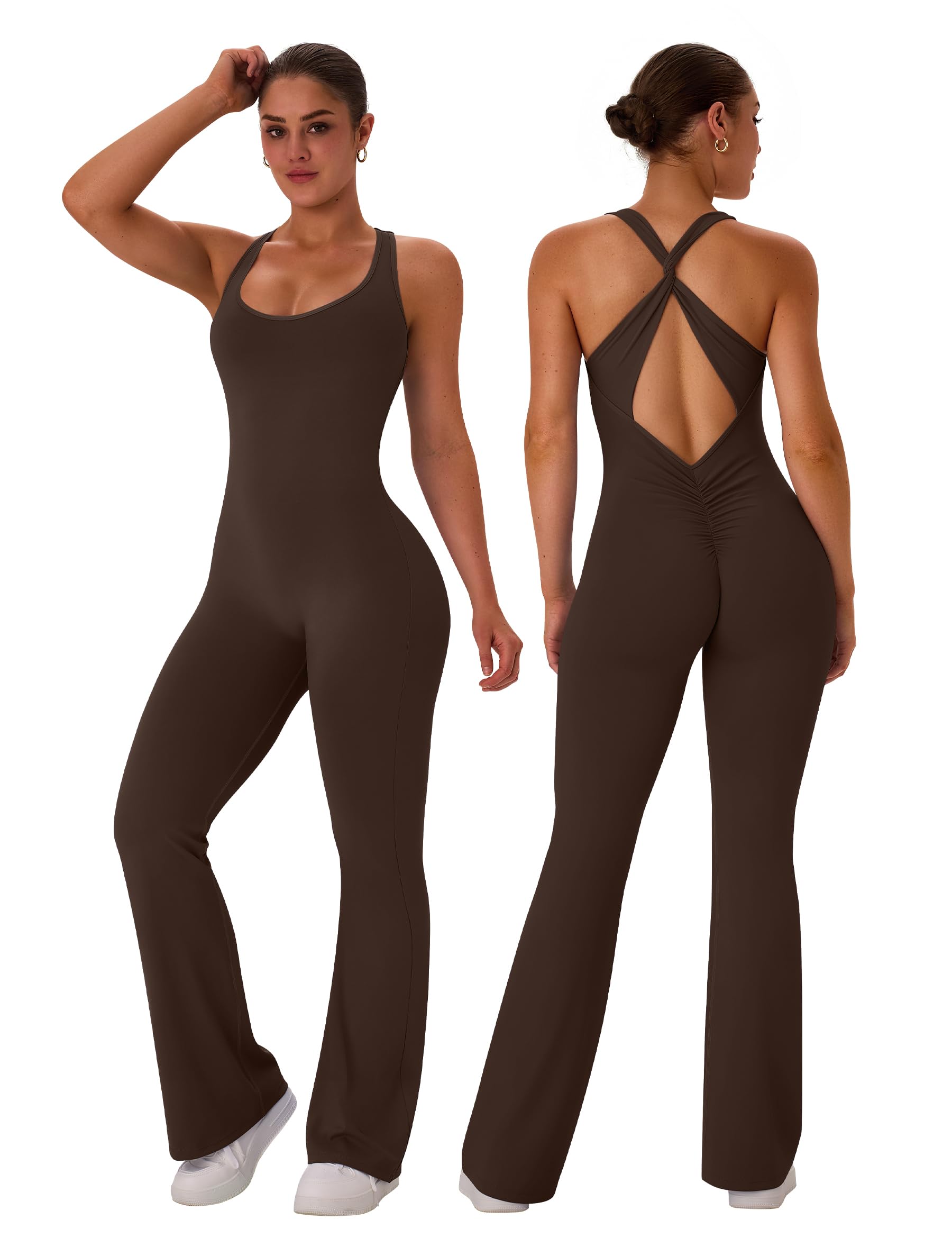 Photo 1 of ** USED ** TDIFFUN Flare Workout Jumpsuits for Women One Piece Sleeveless Scrunch Butt Lifting Gym Bodysuit Sexy Backless Yoga Outfits - Brown, Large