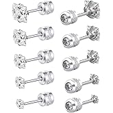 5 Pairs Titanium Screw Back Earrings for Women Men, Hypoallergenic Princess Cut CZ Surgical Stainless Steel Stud Earrings for Sensitive Ears