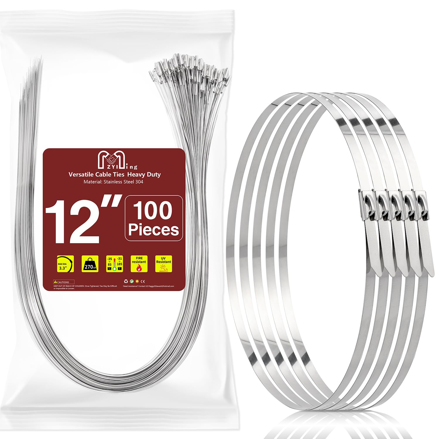 100 Pack Metal Zip Ties 300mm Stainless Steel Cable Ties Heavy Duty Self-Locking Wire Ties Load-Bearing Tension 122kg High Temp Zip ties for industrial strapping UV resistant