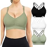 VEQKING Ruched Sports Bras for Women Large Bust, Seamless Padded Strappy Medium Support Yoga Bra, 3 Pack