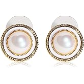 IDOKAWA Round Pearl Stainless Steel Stud Earrings for Women's Birthday Gift-Gold