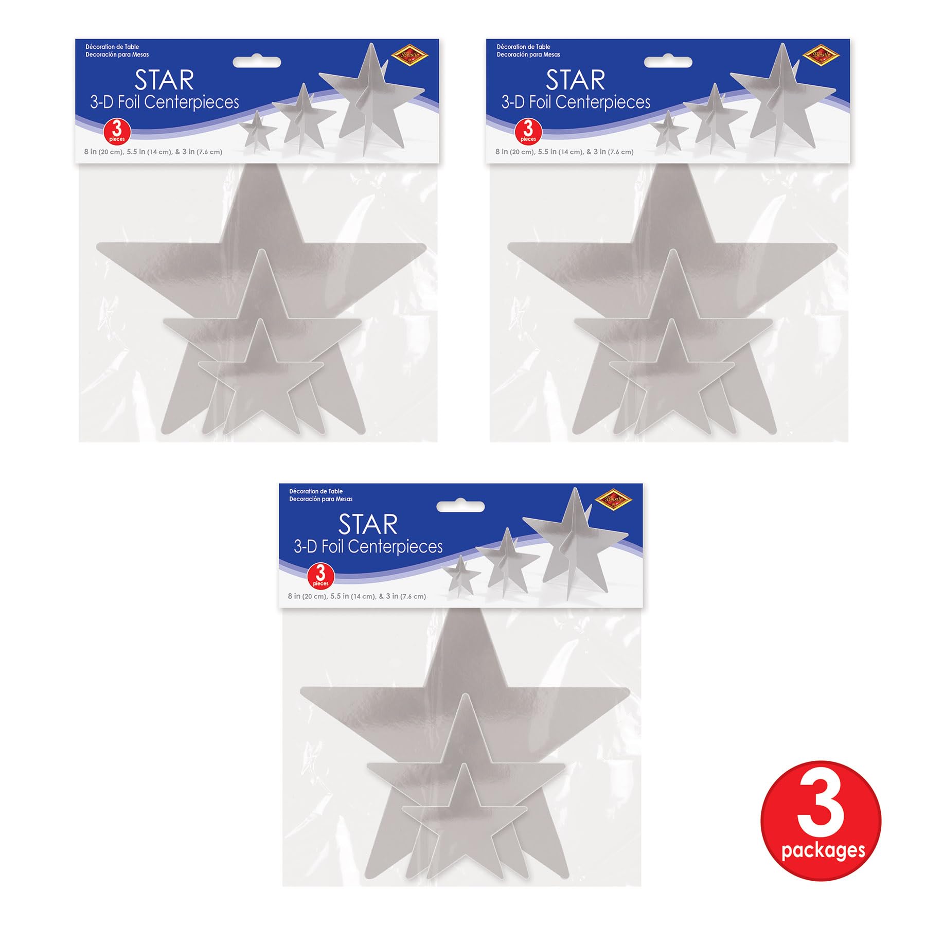 Beistle 3-D Foil Silver Star Centerpieces in 3 Sizes, Set of 9 - Space Themed, Awards Night Table Decor, Classroom Parties