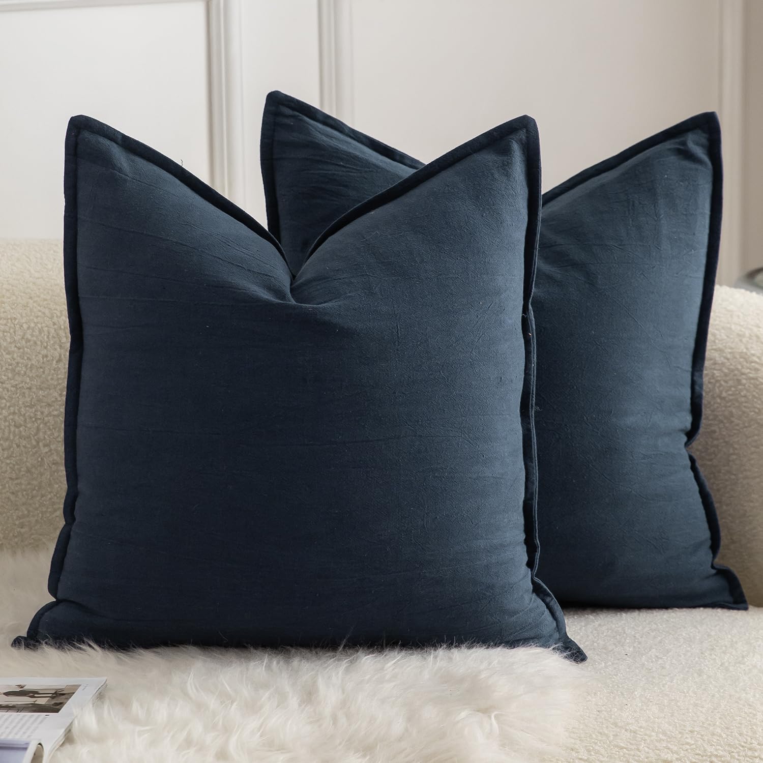 Mandioo Pack of 2 Neutral cotton Cushion Covers 65x65 cm 26x26 inch Solid Decorative Couch Throw Pillowcase Boho Farmhouse Home Decor for Sofa Living Room Bed Bedroom Navy Blue
