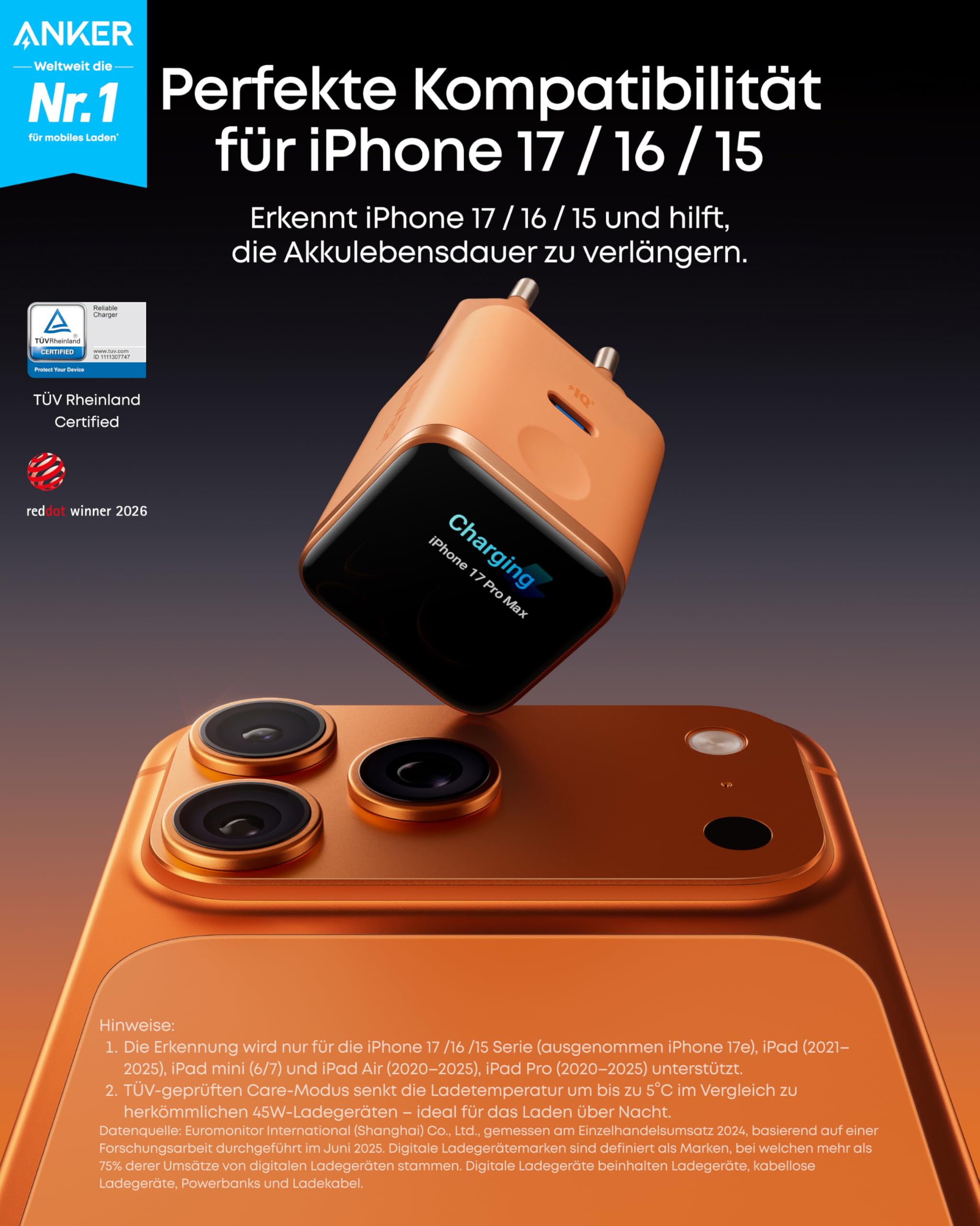 Anker Smart Ladegerät, Anker Nano 45W USB C Ladegerät mit Display und intelligenter Erkennung, integriertem Schonmodus, kompaktes GaN Schnellladegerät für iPhone 17/16/15 Serie, iPad, MacBook 2