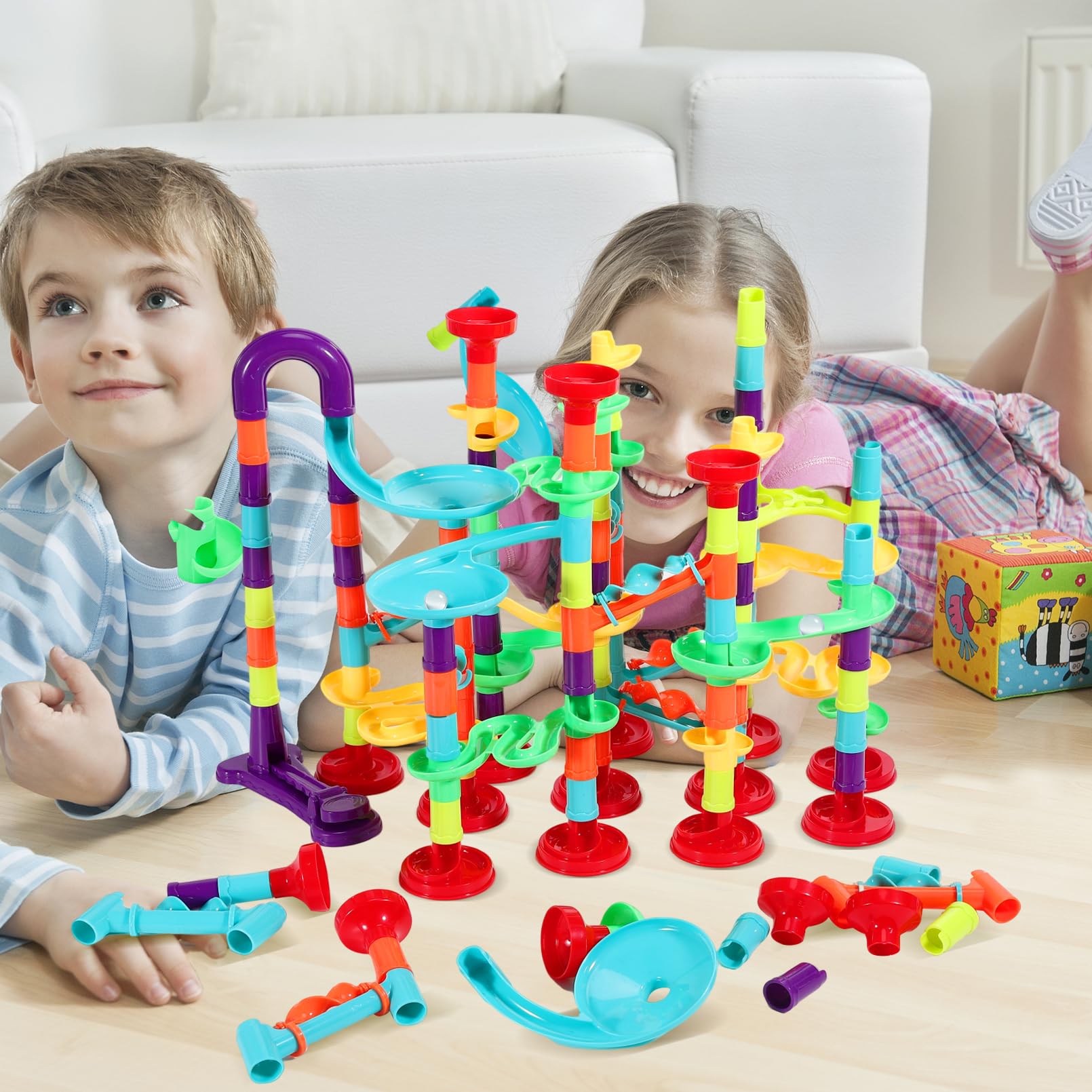 Yihurlm 197Pcs Marble Run,Marble Maze Game Construction Building Blocks Toys for Kids,Marble Track Game Educational Learning Toy for Boys Girls Birthday Gifts(147 Parts+ 50 Glass Marbles)