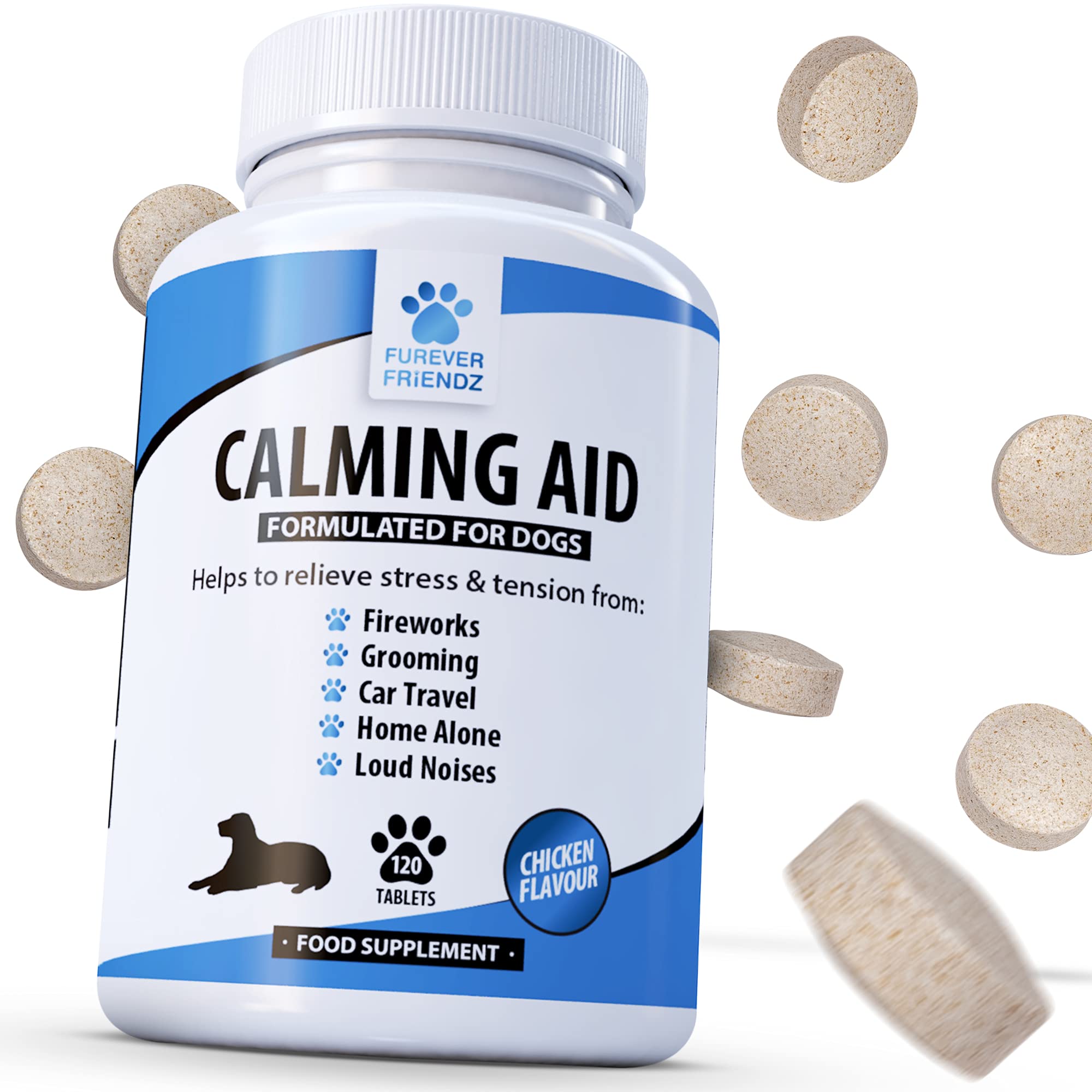 Furever Friendz Natural Dog Calming Tablets for Dogs - 120 Dog Anxiety Relief Supplements - Calming Dog Relieves Stress related to Fireworks, Loud Noises, Travel Sickness, Separation & Aggression
