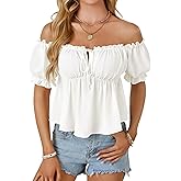 Vrtige Women's Off Shoulder Ruffle Trim Puff Short Sleeve Tie Front Pleated Babydoll Top Peplum Shirt Blouse
