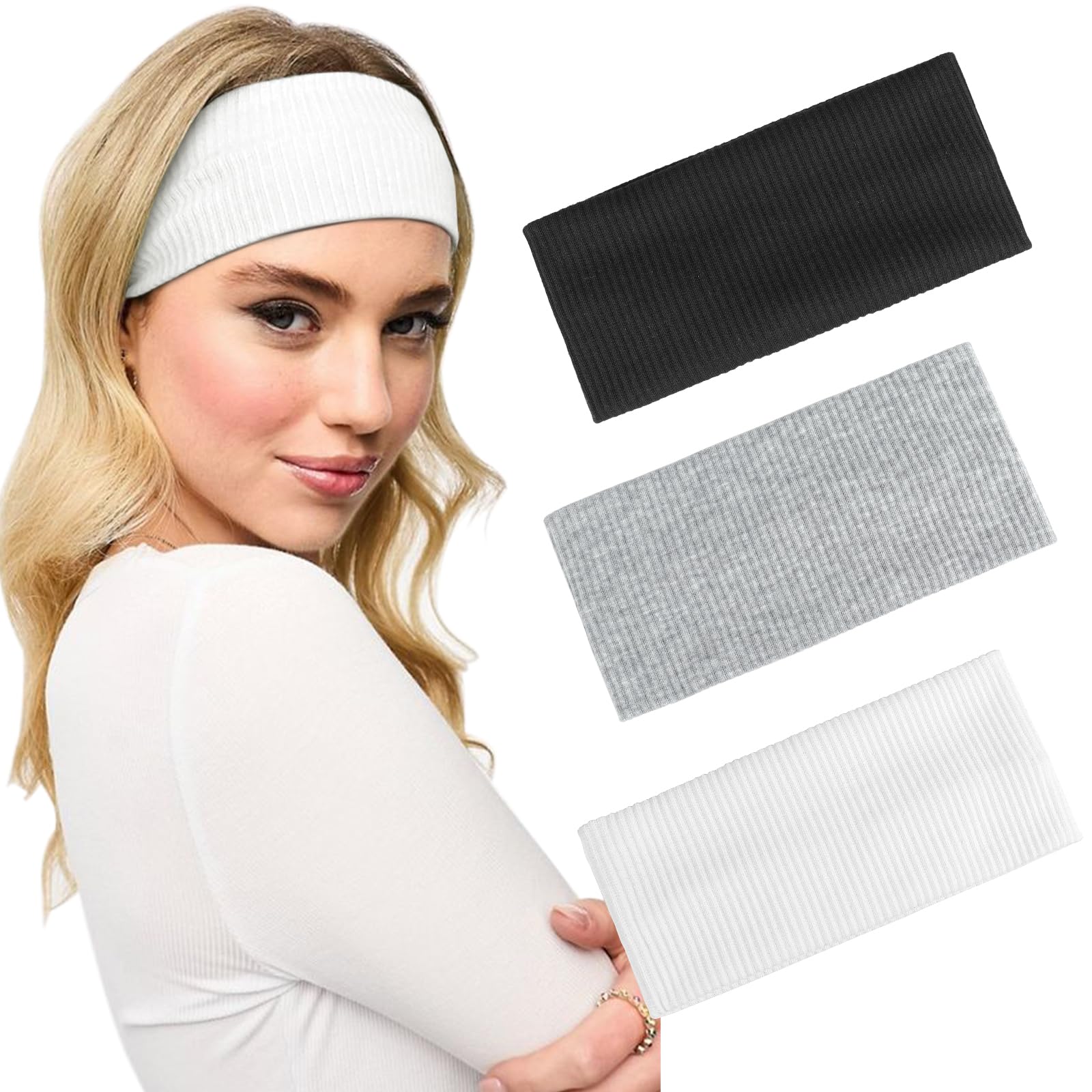 Blooms 9cm Wide Headbands for Women and Girls, RunningHeadband Stretch Head Band Jersey Hairband for Sports Yoga (Black, Grey, White)