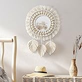 Dremisland Hanging Wall Mirror-Boho Macrame Fringe Round Decorative Mirror with Wood Beads Feather Pendant,Art Ornament for Apartment Home Bedroom Living Room