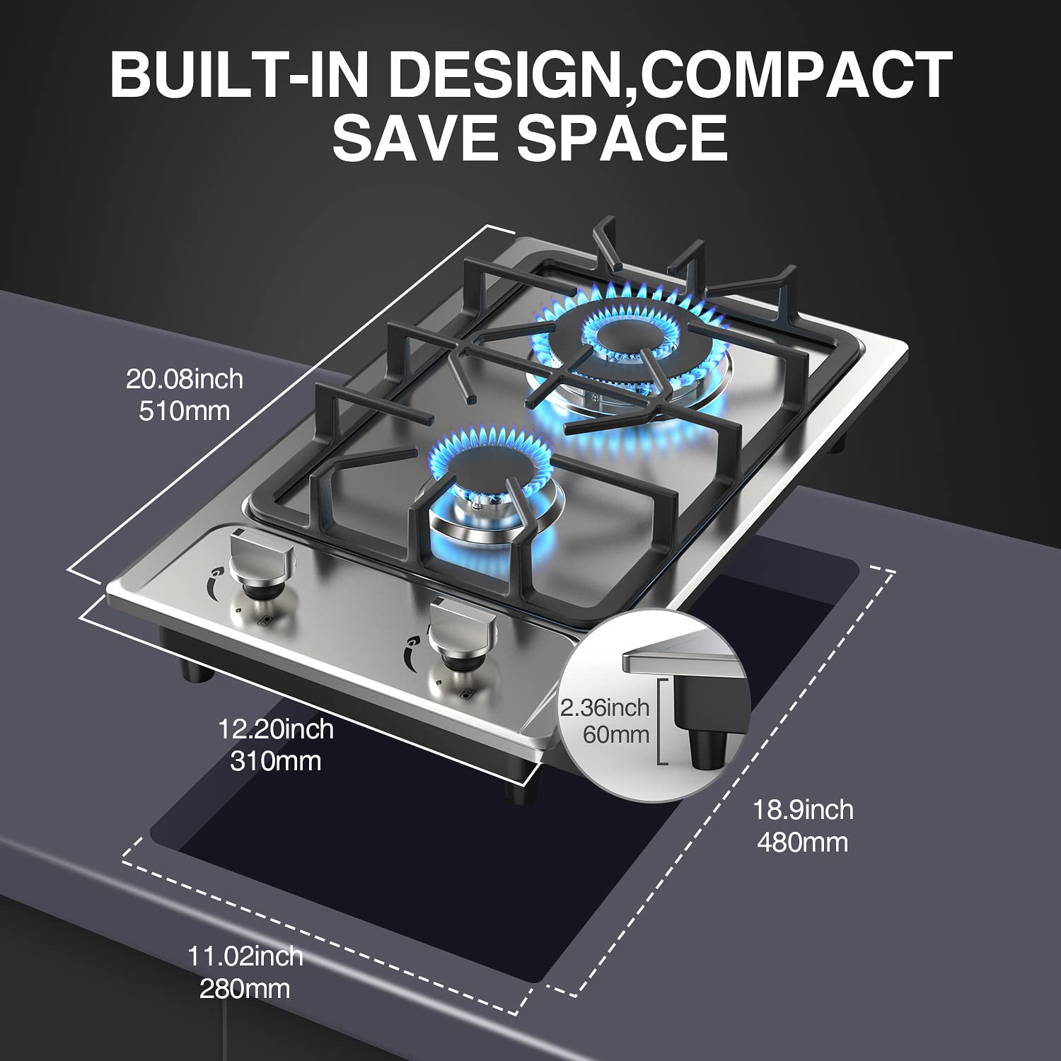 12 Inch 2-Burner Gas Stove: Portable Stainless Steel Propane Cooktop for RV, Apartments & Outdoor – Dual Fuel LPG/NG, Easy to Clean Built-in Gas Cooktop