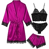 ESKTJH Women's Pajama Satin Sexy Lingerie Robe Set 4Pcs Pjs Silk Sleepwear Lace Cami Shorts Loungewear