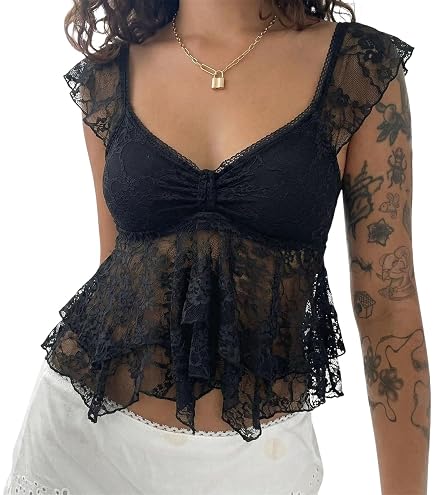 Women Lace Tank Top Vintage Floral Cap Sleeve Crop Tops Sheer