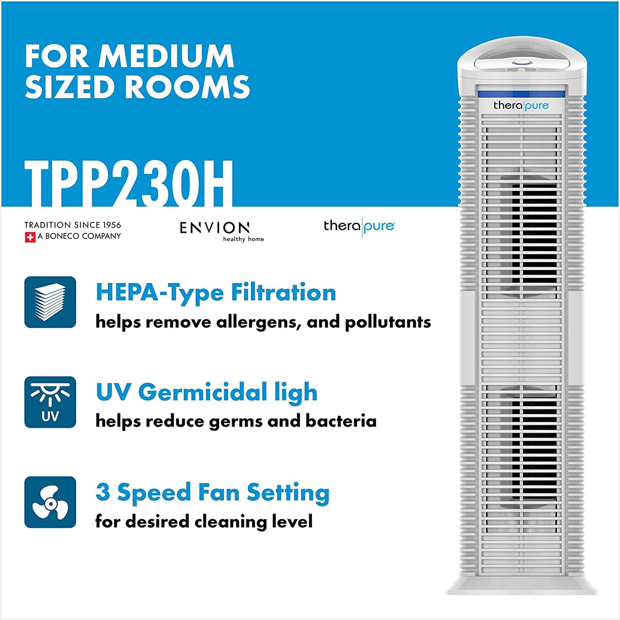 ENVION Therapure Medium/Large Room Home HEPA Air Purifier with Neutralizing Light Technology, Cleanable Air Filter, Analog Controls, & 3 Fan Speeds