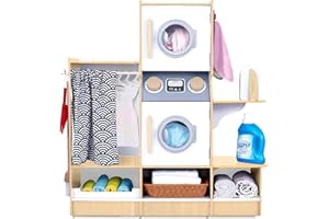 LIL' JUMBL Lil’ Jumbl Kids Washer and Dryer Playset, Wooden Children's Pretend Laundry Set, Includes Broom, Dustpan, Iron, Hangers & Basket, Realistic Laundry Room for Kids - Natural