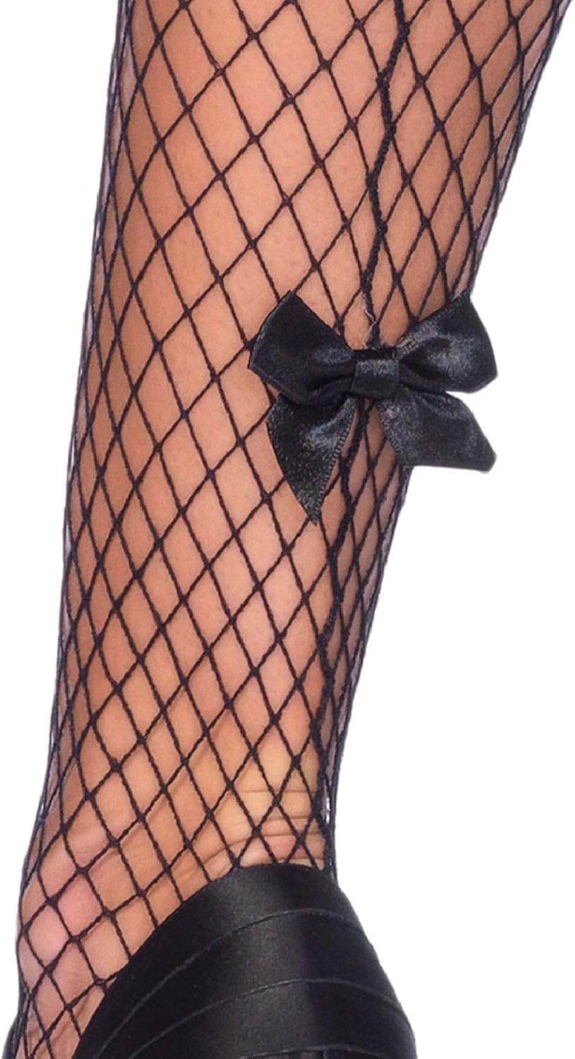 Leg Avenue Women's Backseam Ankle Bow Fishnet Stockings with Attached Garter Belt, O/S, Industrial Black: Pantyhose: Clothing