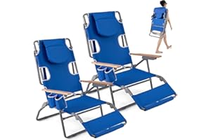 GYMAX Tanning Chairs, 3 in 1 Backpack Beach Lounger with Face/Arm Holes, Armrests, Cup Holders, 330 lbs Folding Portable Lounge Chairs for Outside, Patio, Poolside, Lawn (2,Navy)