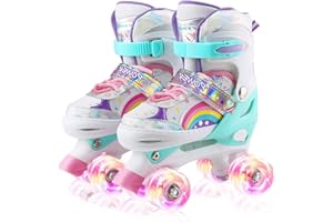 HXWY Rainbow Roller Skates for Girls Kids Children Youth Toddler Beginners, Adjustable 4 Sizes Roller Skates for Kids with Al