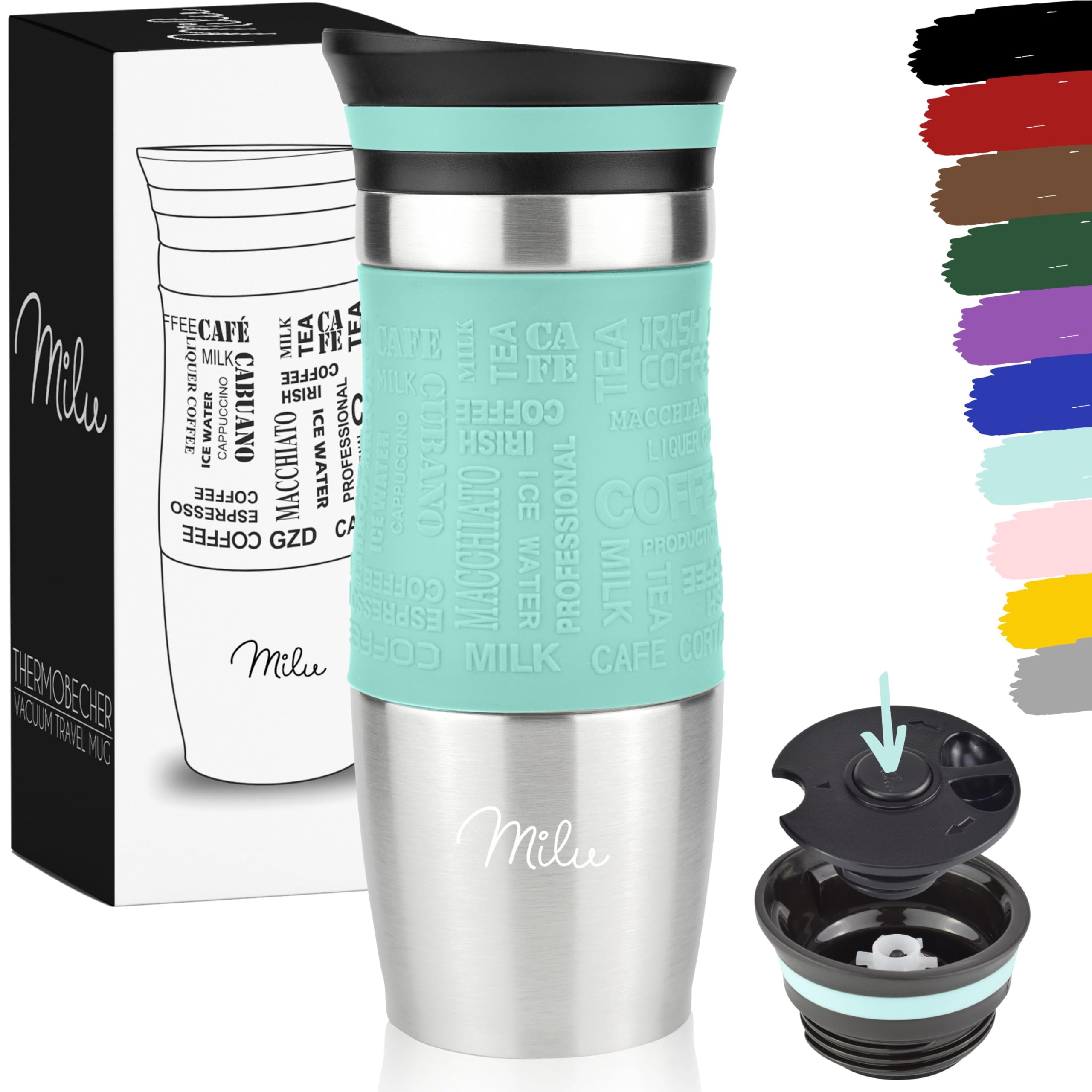 Milu Travel Mug 370ml 450ml - Insulated Coffee Cup to go - 100% Leak Proof - Stainless Steel Drinking Mug - Car Mug Double Wall Insulation Thermo Coffee Flask - (Teal, 370ml) — image 1