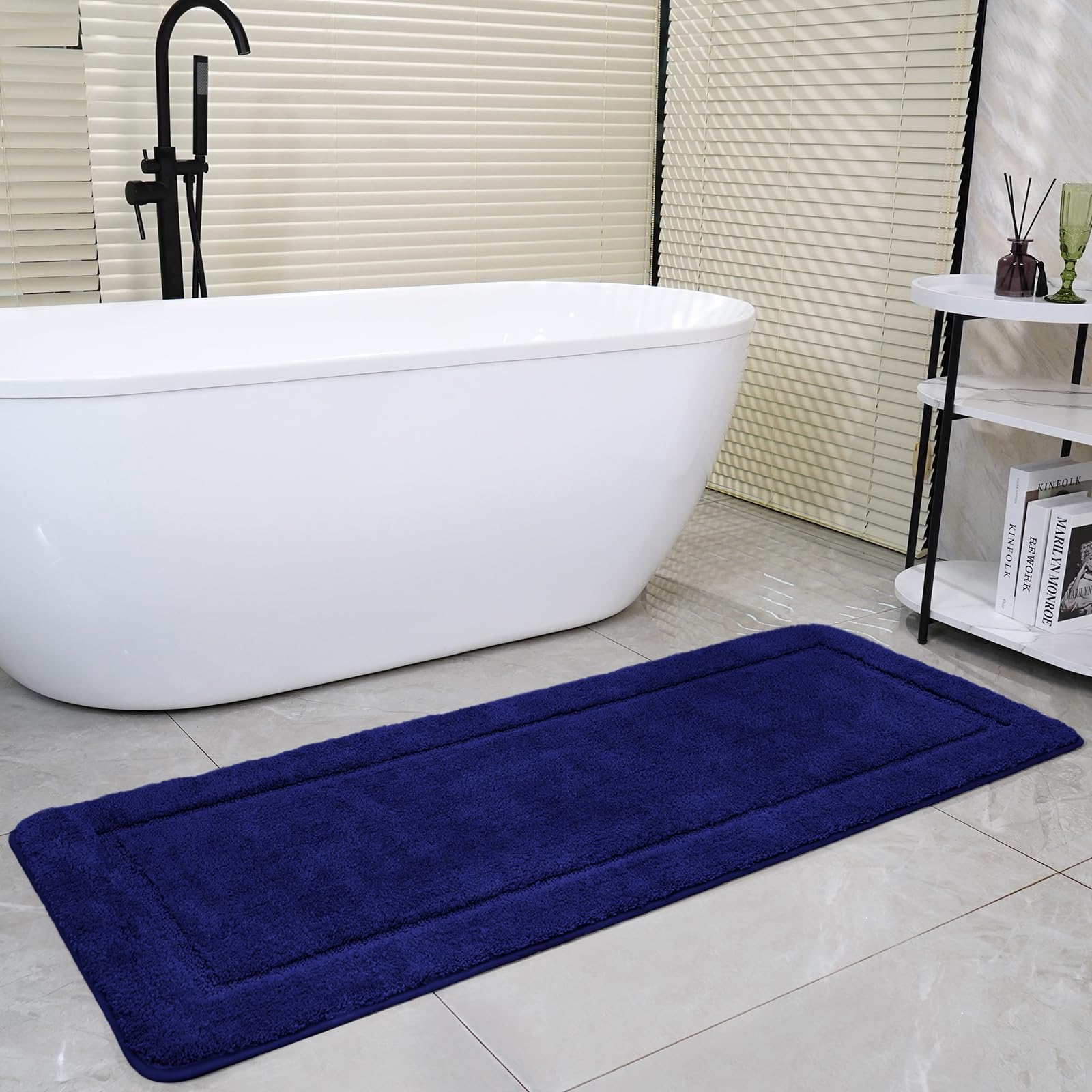 SOANNY Navy Blue Bath Mat Only, Non-Slip Soft Microfiber Machine Washable Bathroom Carpet Water Absorbent, High Density Large Fluffy Bathtub Shower Runner Rugs for Door Entrance, Kitchen, 60x150 cm