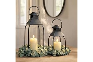 ZLFART Decorative Metal Lanterns Indoor Outdoor, Candle Holder for Porch, Patio, Fireplace, Floor, Wedding, Christmas, Fall, Holiday, Farmhouse Table Centerpiece (Black, Set of 2 15.7" 12")