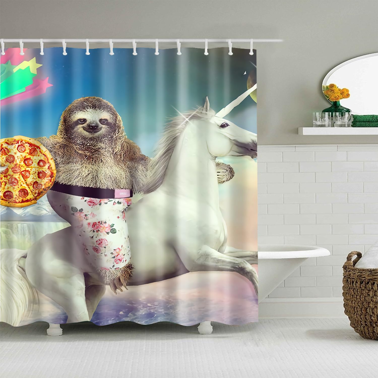 BOYOUTH 3D Funny Sloth Riding Horse with Pizza Pattern Digital Print Bath Shower Curtains Polyester Waterproof Fabric Bath Curtain with 12 Hooks,70x70 Inches,Multicolor