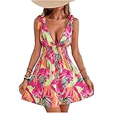 GORGLITTER Women's Floral Tropical Bow Tie Mini Dresses V Neck Sleeveless Open Back Flowy Dress Summer Beach Dress 2025