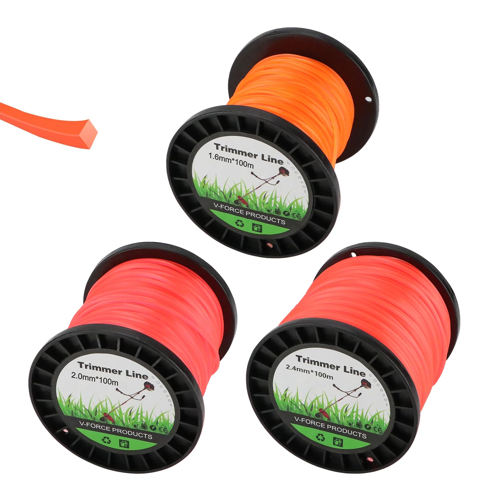 Homvvi String Strimmer Line Total 300m - Heavy Duty Strimmer Cord 1.6mm, 2.0mm, 2.4mm, Orange Square Nylon Strimmer Line Wire, Universal Strimmer Wire for Grass Trimmers and Brushcutters