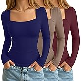 Velvelhall 3 Pack Women's Square Neck Long Sleeve Tops, Double Lined Slim Fit Shirts Basic Trendy Going Out T Shirts