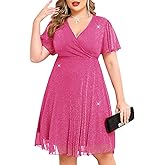CYCLAMEN Plus Size Sparkly Mesh Dress A Line Short Ruffle Sleeve V Neck Wrap Glitter Dresses Wedding Guest Cocktail Club