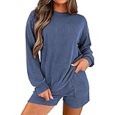 miduo Womens 2 Piece Sets Ribbed Textured Knit Long Sleeve Shirts and Shorts Matching Lounge Set Loungewear with Pockets