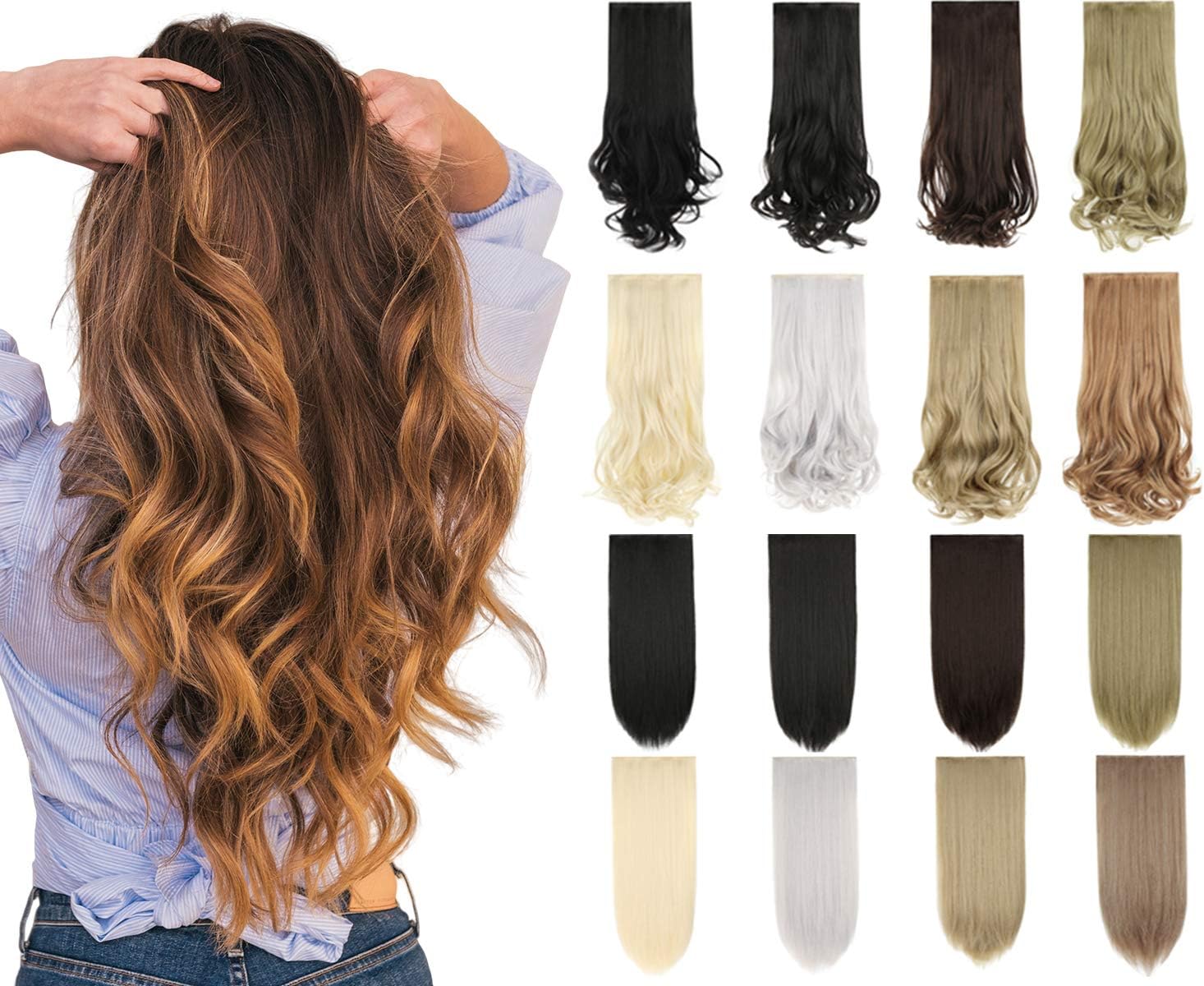 Clip in Hair Extensions Double Weft 20/23 in Straight Curly Wavy 6 PCS Set Thick Hairpiece Hair Accessories for Women Ladies Girls