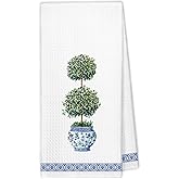 XBBMGG Blue and White Chinoiserie Topiary Trees Kitchen Towels, Green Plant Porcelain Dish Hand Tea Towels, Preppy Botanical Grandmillennial Home Decor Towel for Bathroom Kitchen Decor, 16x24 Inch