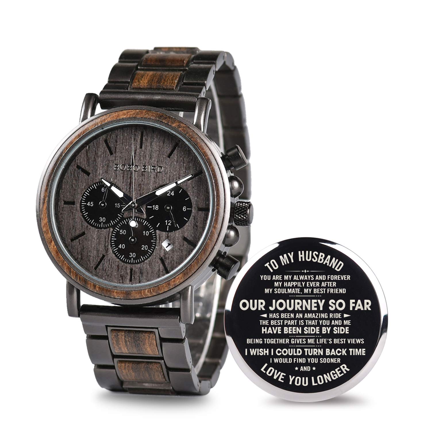 BOBO BIRD Mens Engraved Wooden Watch for Husband Customized Personalized Wood Watches for Men Birthday Anniversary Business Chronograph Wrist Watch