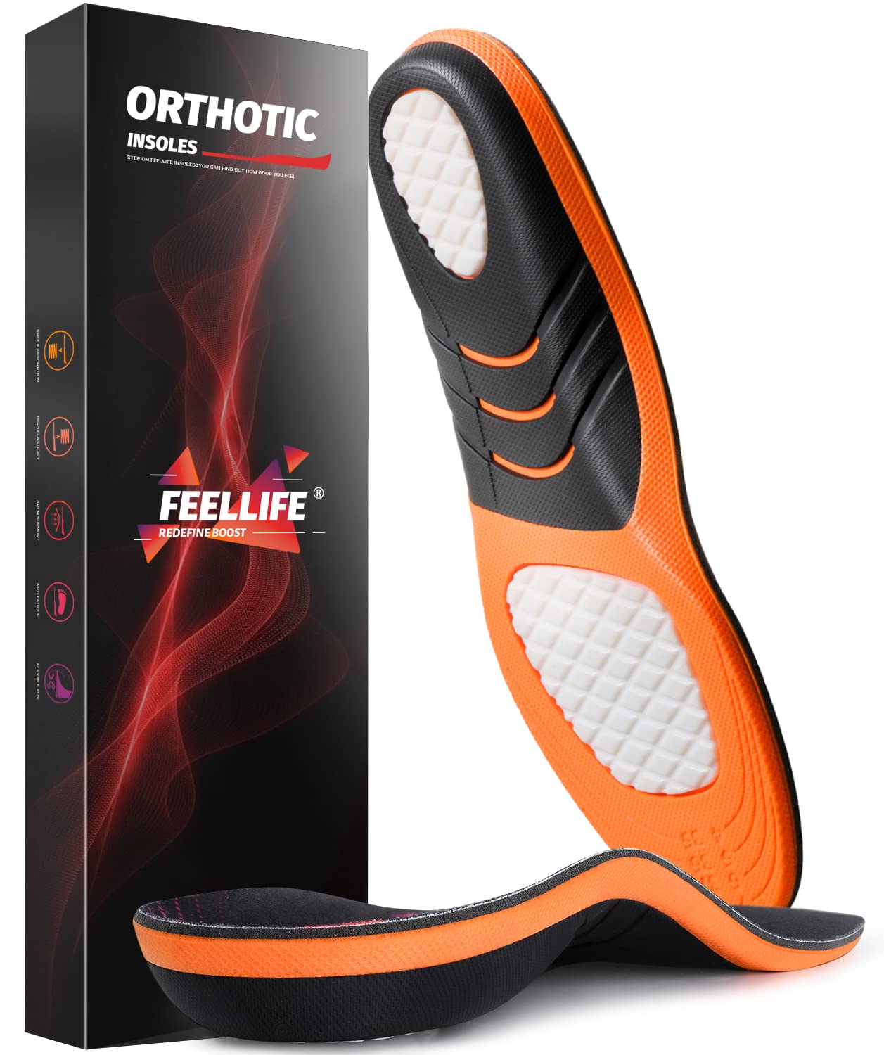 FEELLIFE FEELLIFE Plantar Fasciitis Relief Shoe Insoles [1-Pair], Arch Support Insoles, Running Athletic Gel Shoe Inserts, Orthotic Inserts for Arch Pain [Trim to Fit: Men 8-12/Women 9-13]