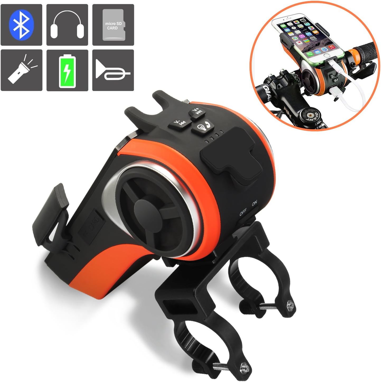 All(10)-In-1 Multifunction Bike Speaker - Phone Mount Bluetooth Answering Audio Stereo Subwoofer MP3 Player Phone Charger Bicycle 4400mAh LED Light Micro SD Card /USB Slot Aux Input Waterproof Orange