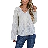 Binsvind Women‘s Hollow Out Long Sleeve Fall Tops Button Down V-Neck Shirts Eyelet Blouse Boho Chic