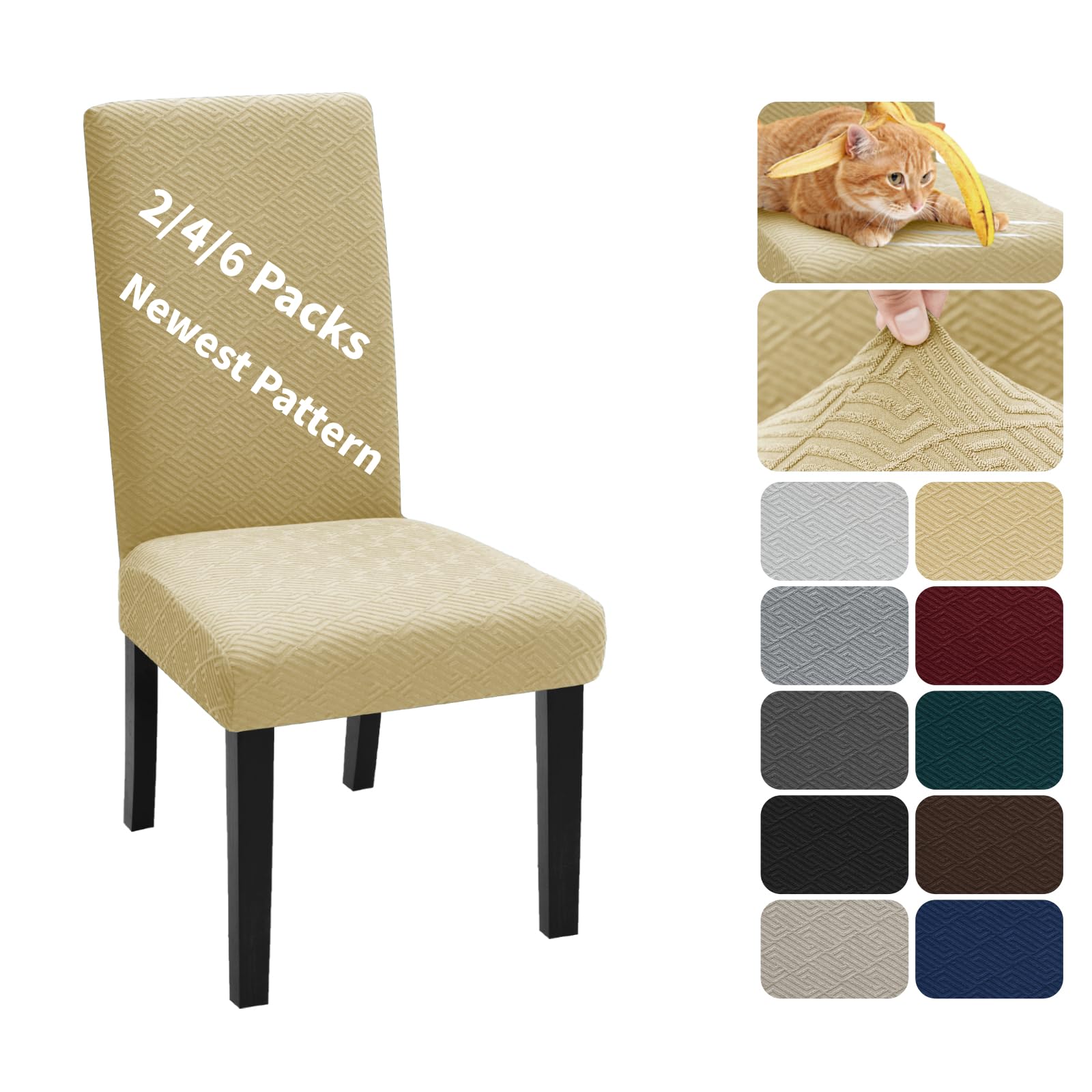 XINEAGE 4 Packs Newest Pattern Dining Chair Slipcover Parsons Chair Furniture Protector Stretch Chair Covers for Dining Room, Restaurant, Kitchen, Party (Beige)