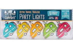 Camco Life is Better at The Campsite LED Party Lights - Includes an 8-Foot Stand with (10) Lights - Features Retro Travel Trailers (42652)