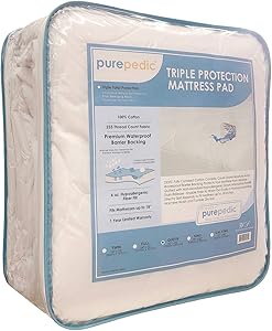 Purepedic Triple Protection Queen Mattress Pad Queen Size Bed Waterproof Mattress Protector Cooling Mattress Topper Cotton Mattress Cover Comfortable Mattress Encasement for Queen Size Bed