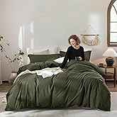 Warm Moment Olive Green Duvet Cover Queen Size, 100% Washed Cotton Bedding Set Cover 1 Duvet Cover 90inch x 90inch with Zipper Closure and 2 Pillowcases, Olive Green