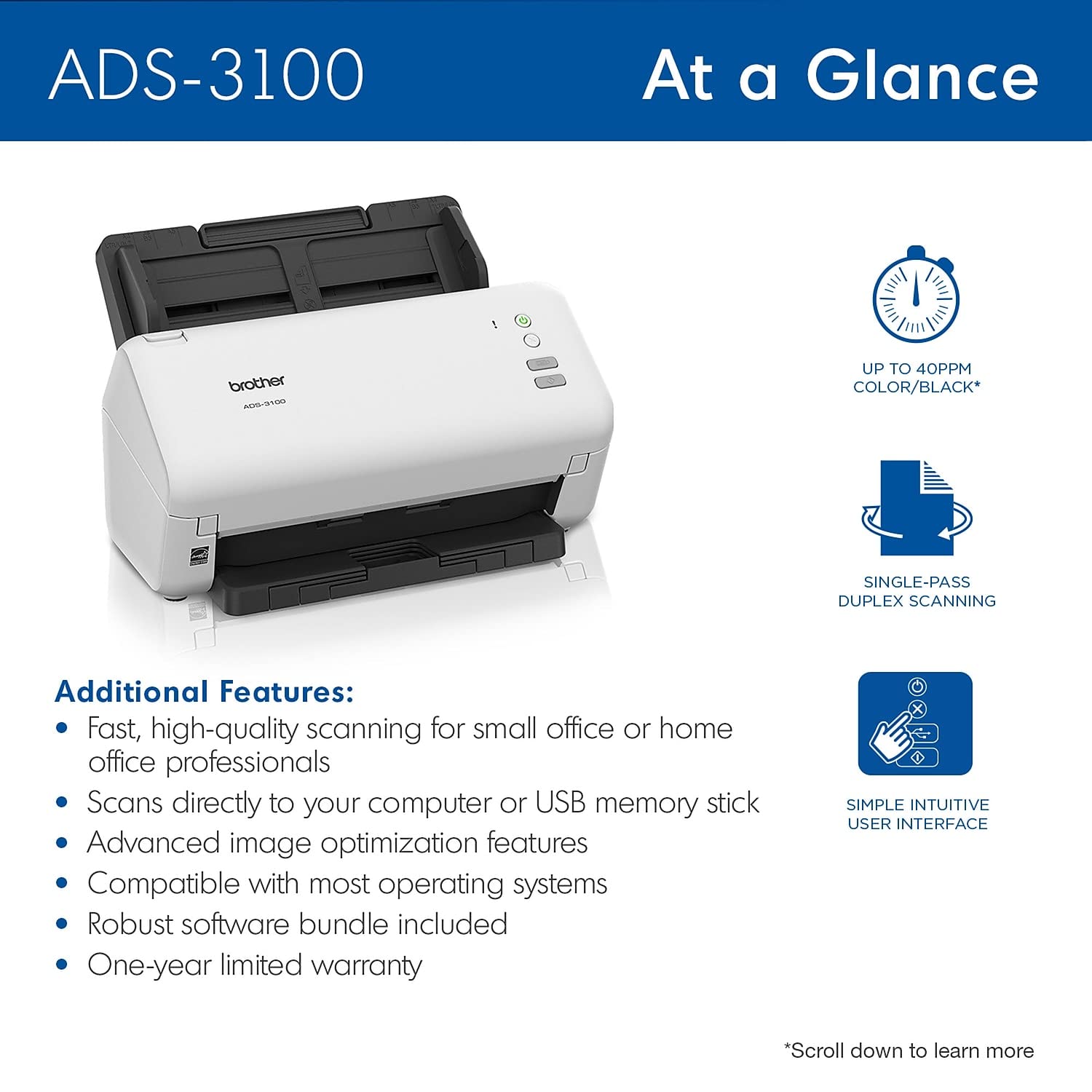 Brother ADS-3100 High-Speed Desktop Scanner | Compact with Scan Speeds of Up to 40ppm, White