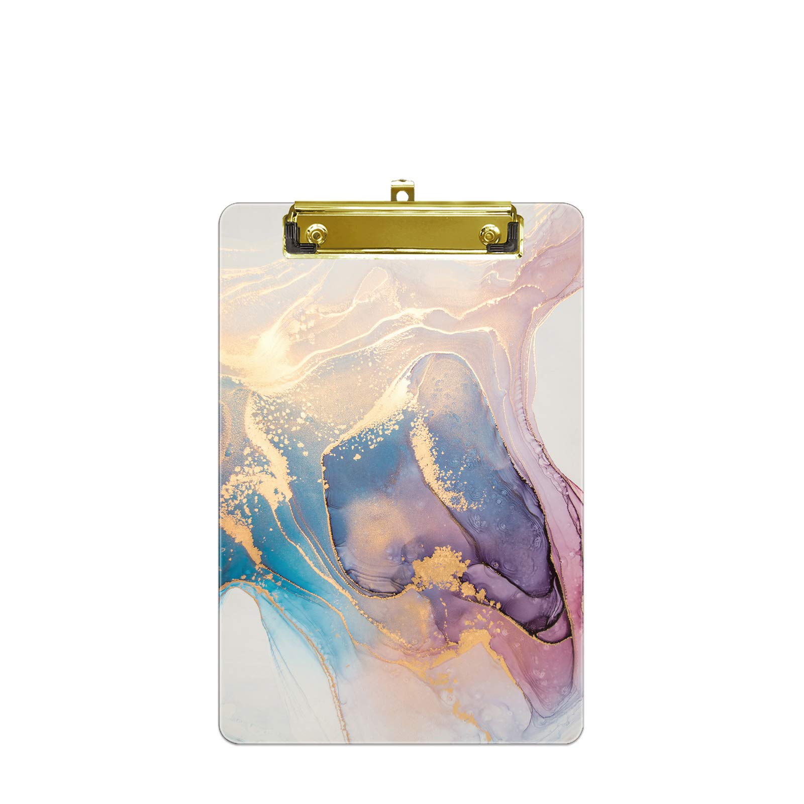 Hnogri Small Plastic Clipboard, Fashion Design A5 Size Memo Clipboards for Students, Kid, Women, Office, School, Low Profile Clip, Cute Custom Pattern, Mini Clipboard Size 6" x 9", Pink Gold Marble