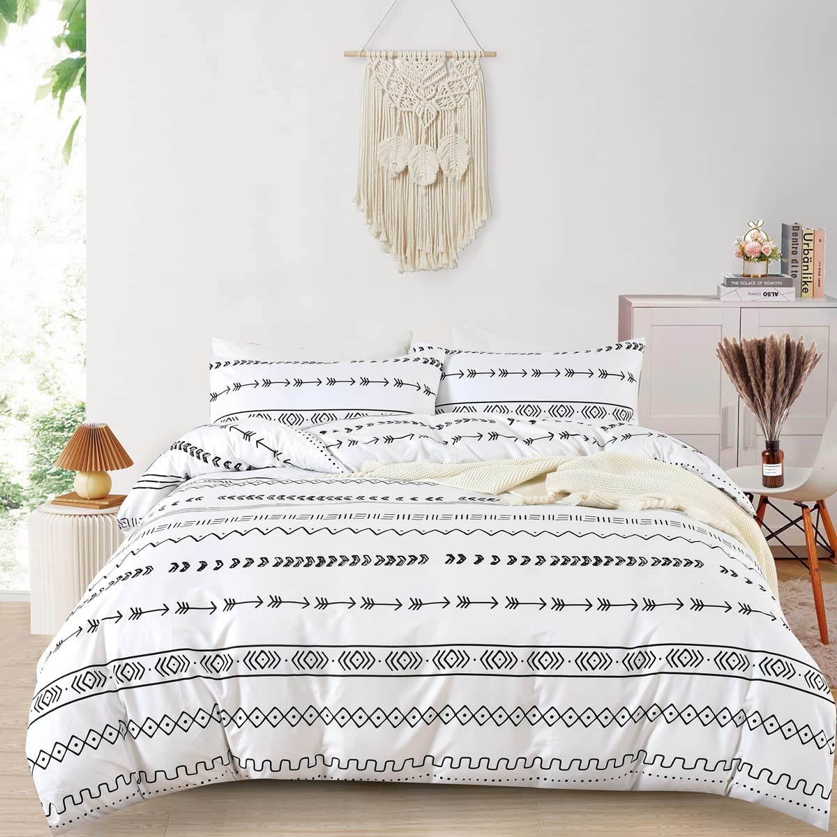 YMY Boho Geometric Duvet Cover Set Double Size 200x200cm, White Aztec Bedding Set Comforter Cover with Zipper Closure, Exotic Bohemian Striped Pattern Quilt Cover & 2 Pillowcases (Boho White, Double)